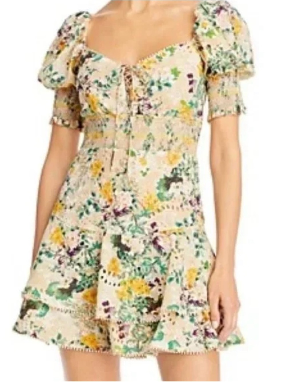 Alice + Olivia Cream Floral Lace-Up Puff-Sleeve Mini Dress